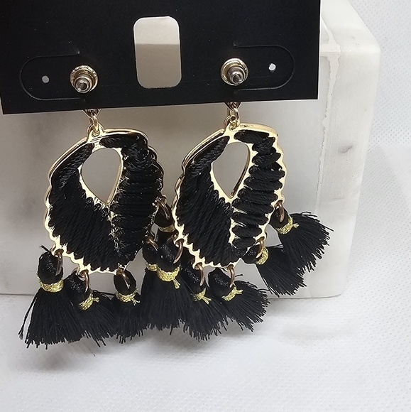 INC Fashion Gold Tone Black Tassel Earrings - Picture 5 of 6